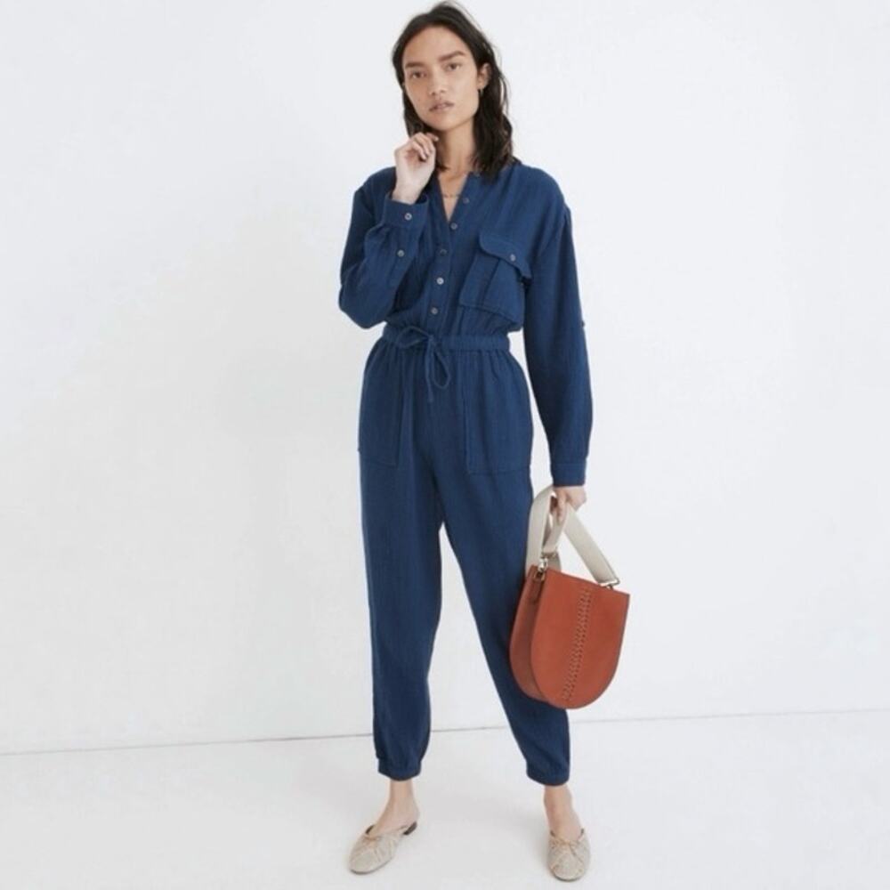 MADEWELL Lightspun Jumpsuit Women’s 4 Tapered Leg Cotton Navy Blue Nautical